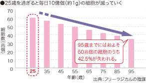 ●25歳を過ぎると毎日10億個（約1g）の細胞が減っていく