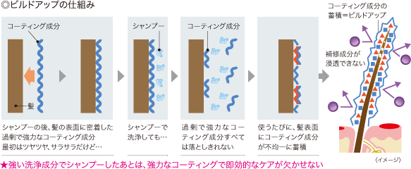 ◎ビルドアップの仕組み★強い洗浄成分でシャンプーしたあとは、強力なコーティングで即効的なケアが欠かせない